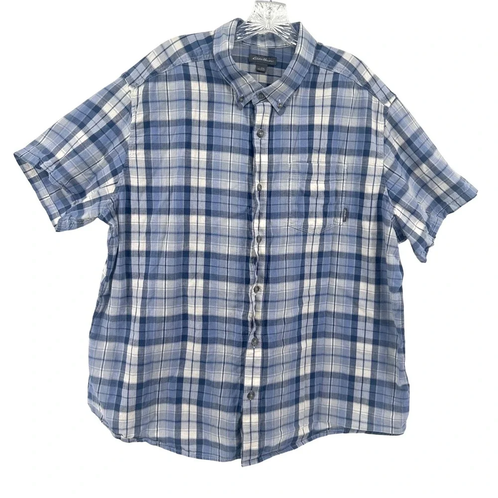 Eddie‎ Bauer Mens 2XL Blue White Plaid Short Sleeve Cotton Button Down Shirt